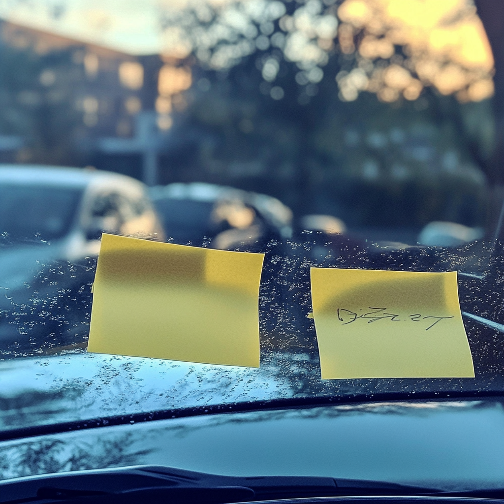 Yellow Post-It Notes on Nissan Juke Windshield 