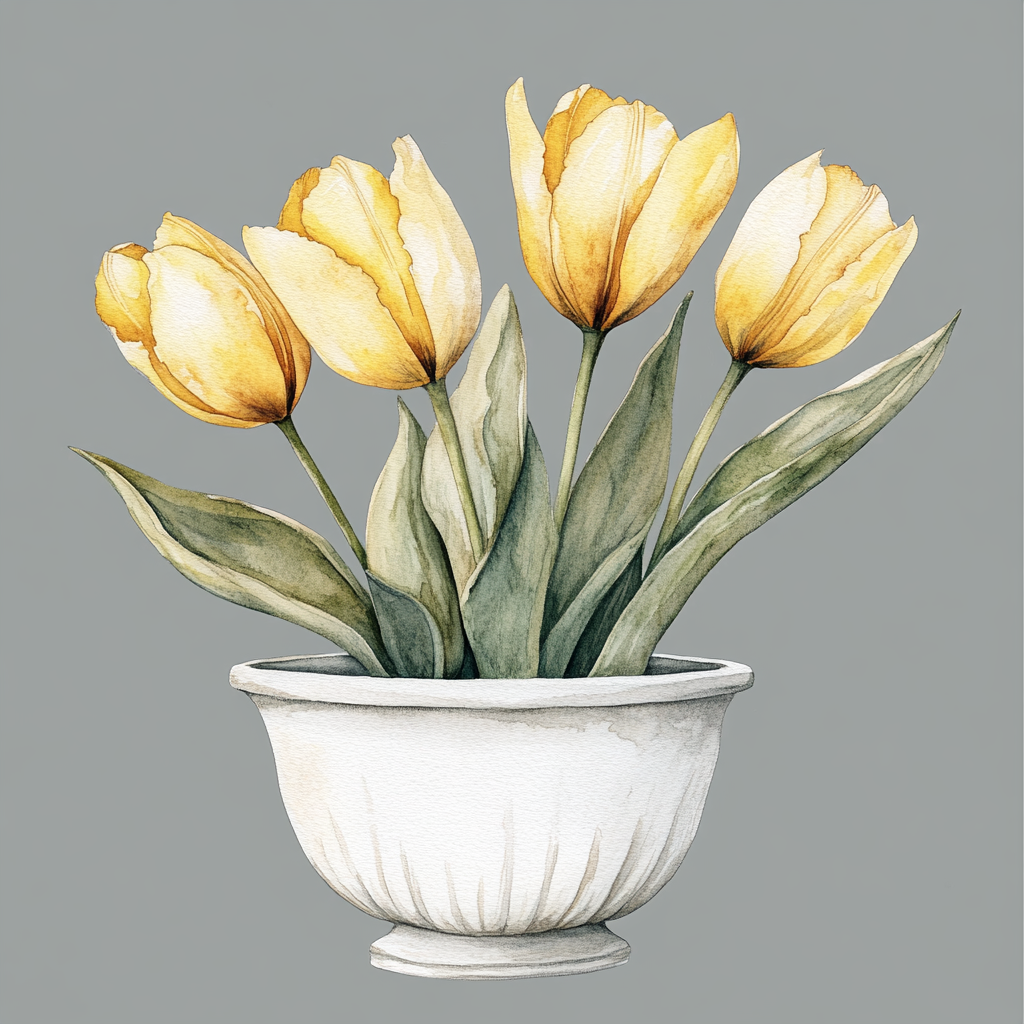 Yellow Tulips in Beautiful Pot, Watercolor Illustration