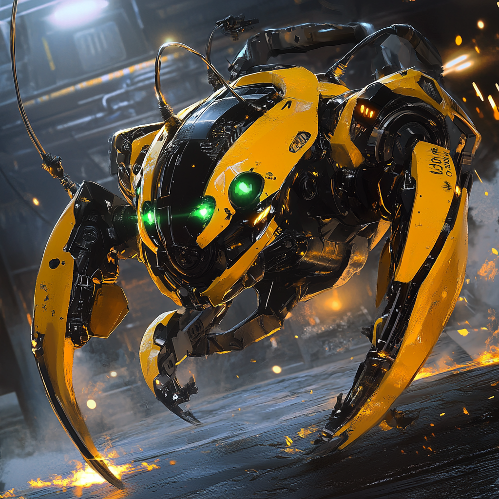 Yellow and black battle robot with beetle head and cannons.