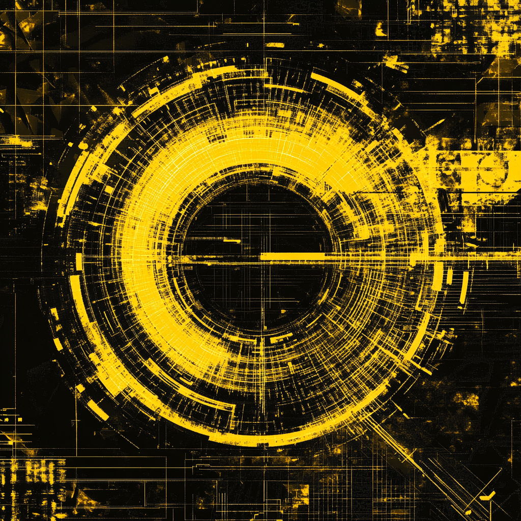 Yellow and black futuristic digital art cycle symbol.