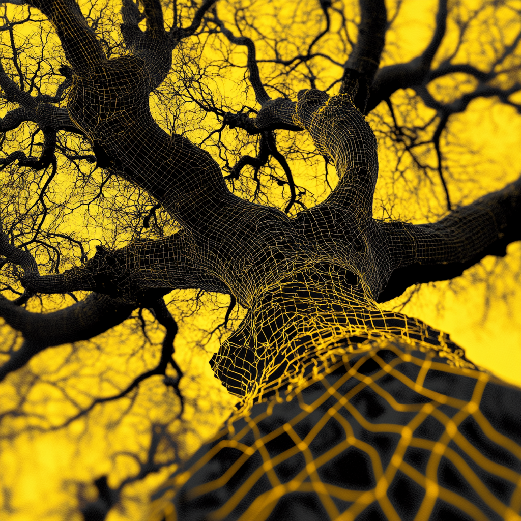 Yellow and black futuristic digital art of tree trunk.