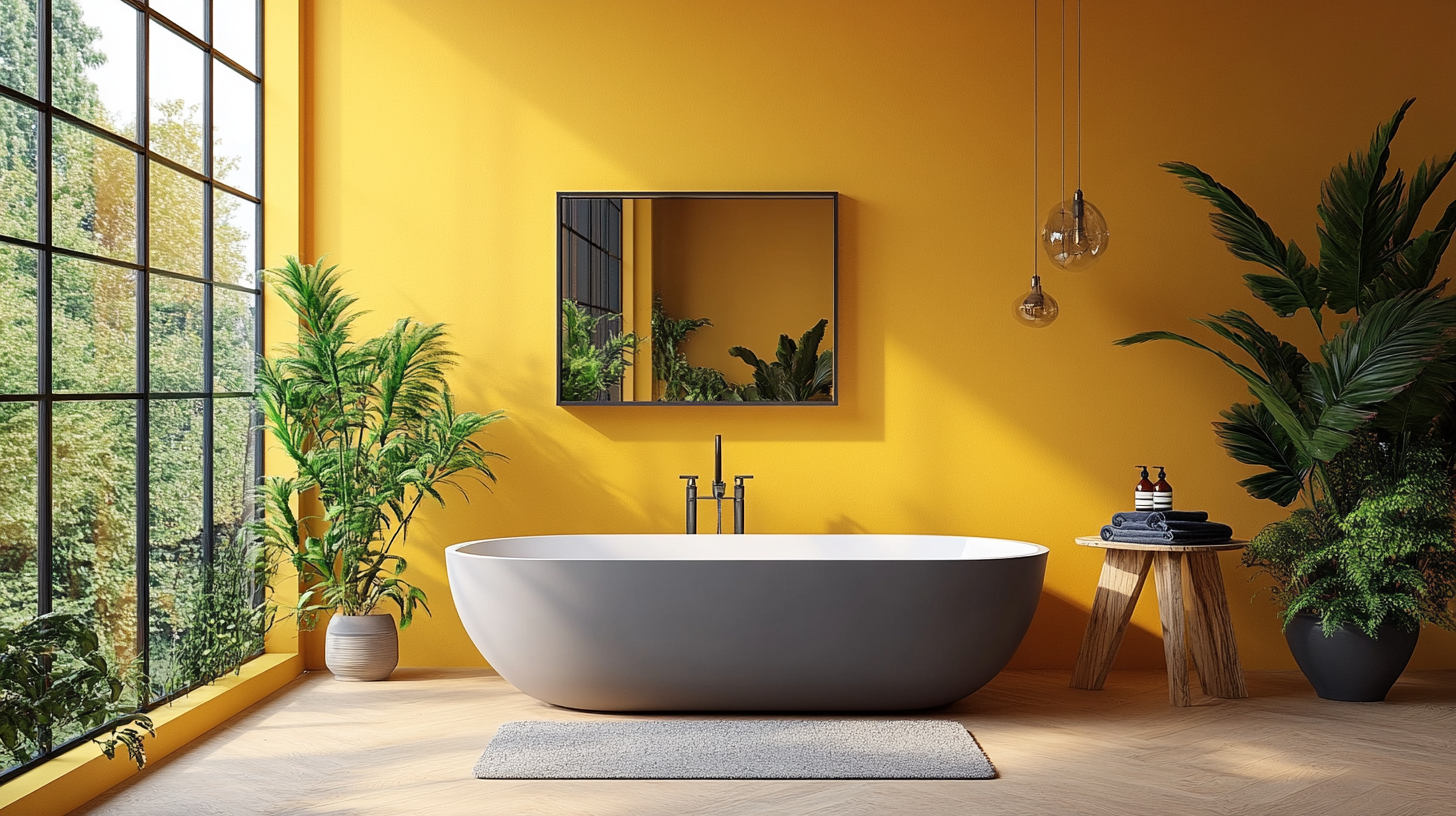 Yellow bathroom with grey and navy elements, inviting warmth.