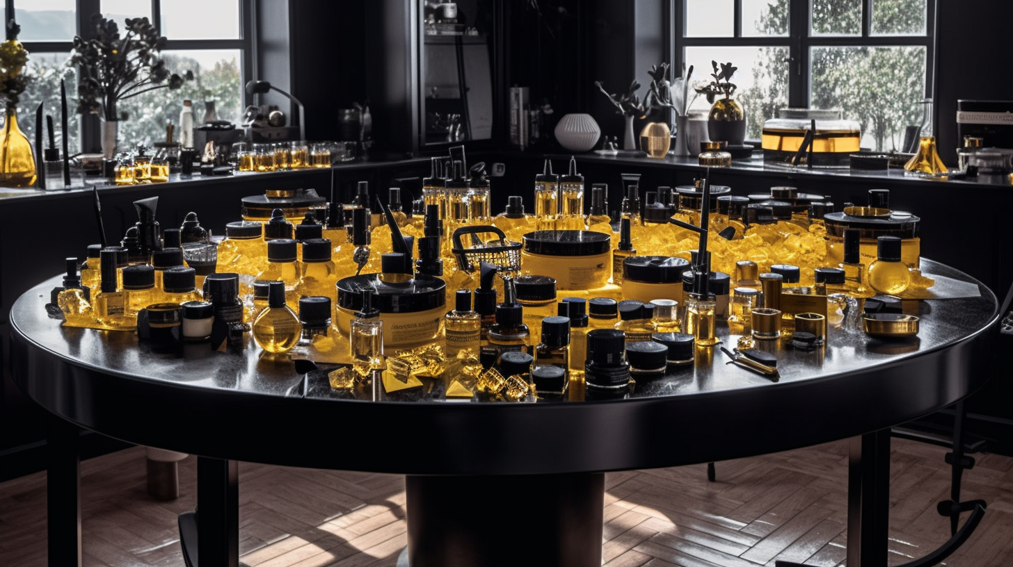 Yellow beauty lab with black beakers in sunlight.