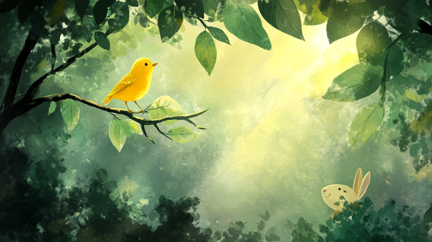 Yellow bird singing on high branch with Red Riding Hood.