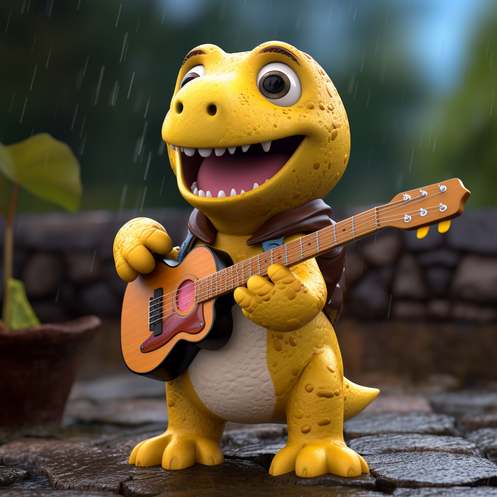 Yellow child dinosaur with big eyes in stormy clay animation.