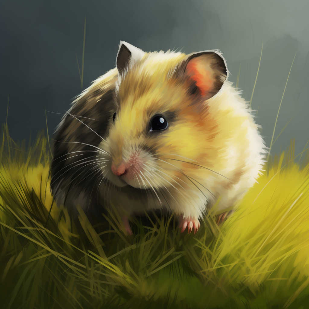 Yellow hamster with electric tail in grassy field.