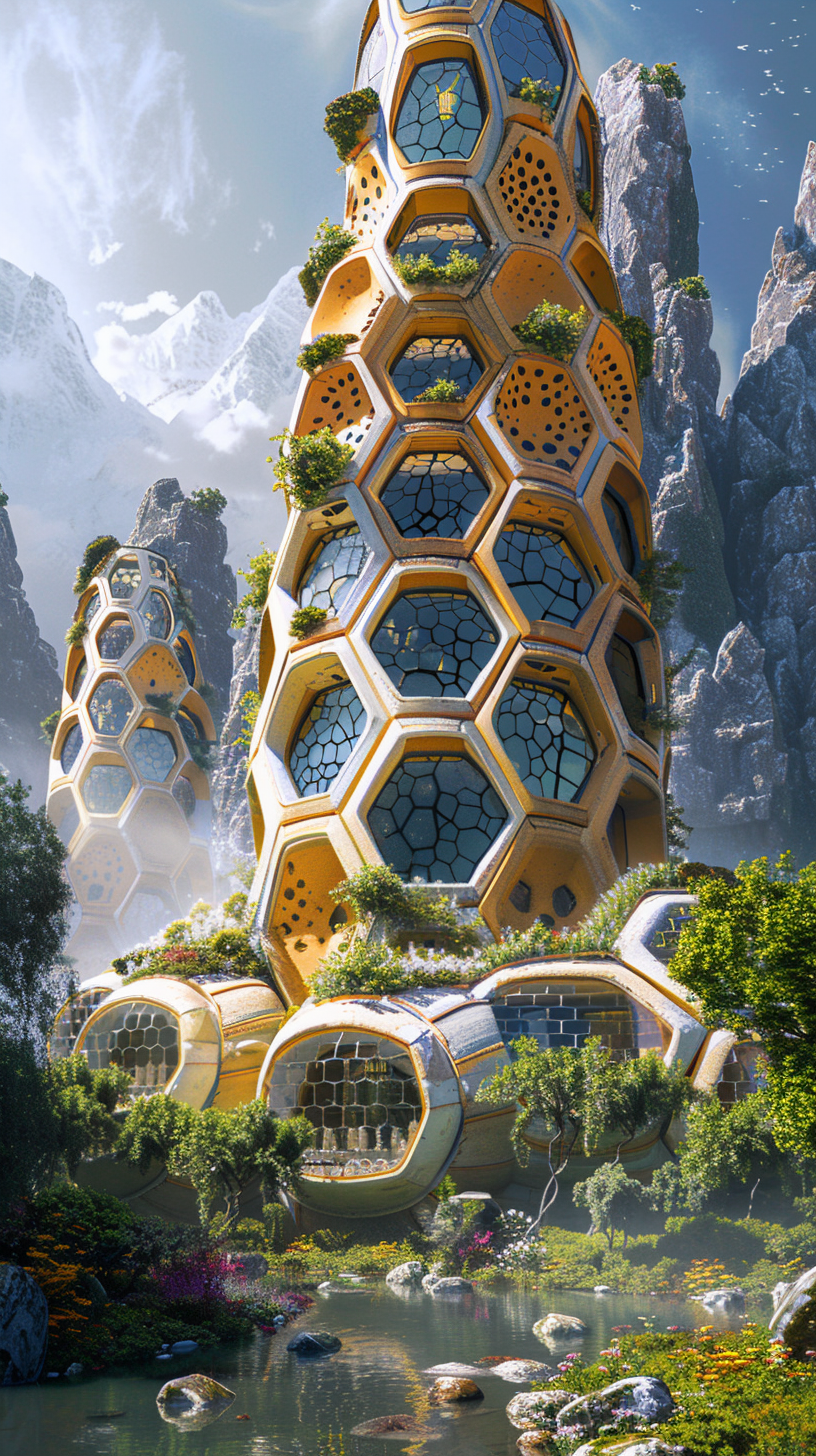 Yellow honeycomb-shaped futuristic building, surrounded by lush plants.