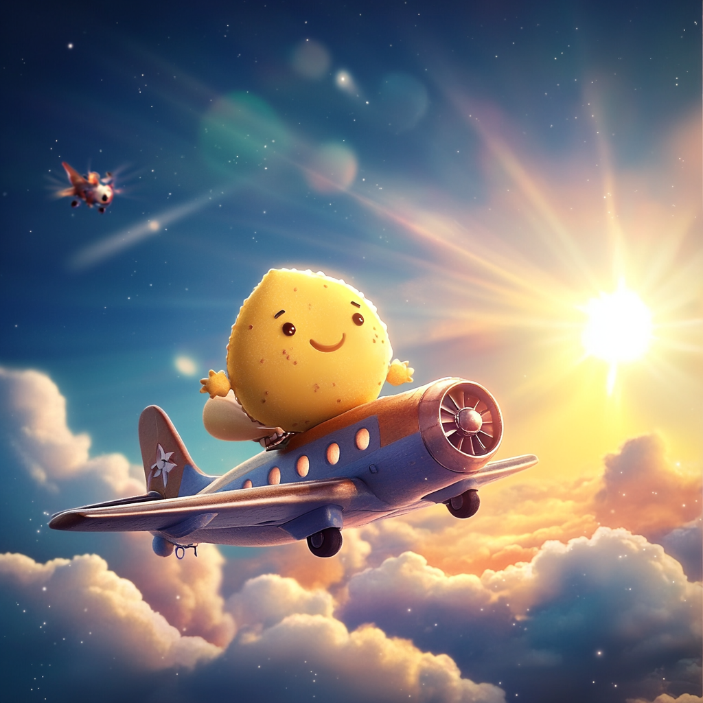 Yellow modak on flying airplane in sunny sky.