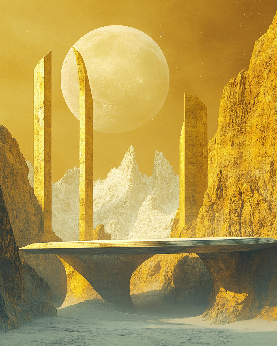 Yellow mountains with moonlight, oval platform, surreal atmosphere.