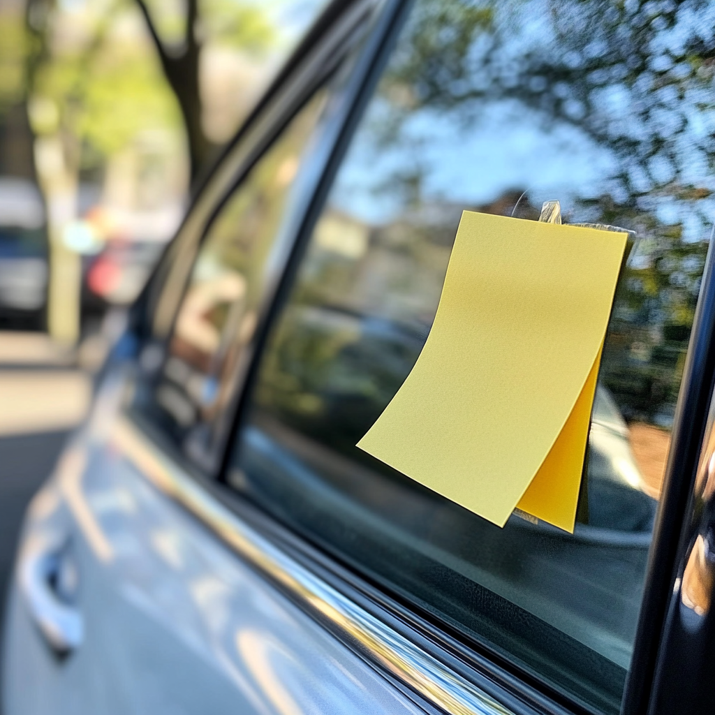 Yellow post-it notes on car window in Manchester parking lot