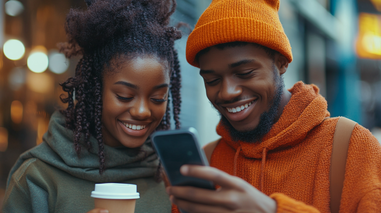 Young Afro-African people looking at cell phone happily.