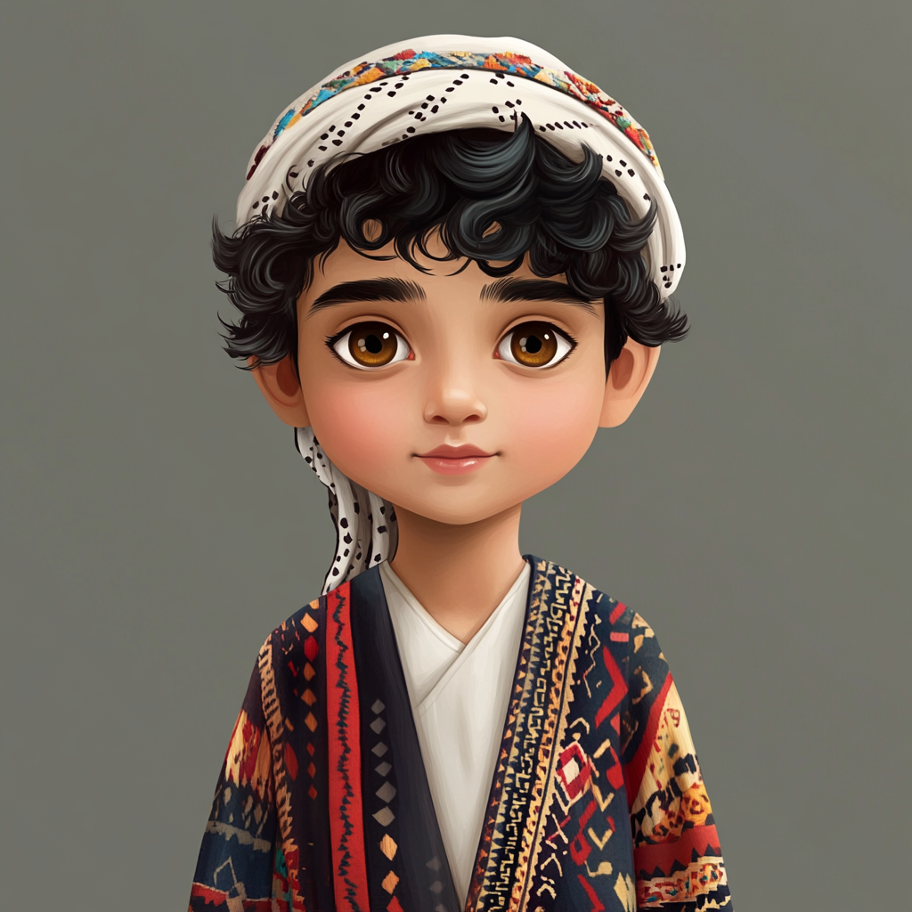 Young Arab boy in colorful traditional robe and keffiyeh.