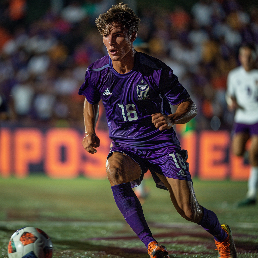 Young Argentinian athlete in purple Fiorentina kit running passionately.