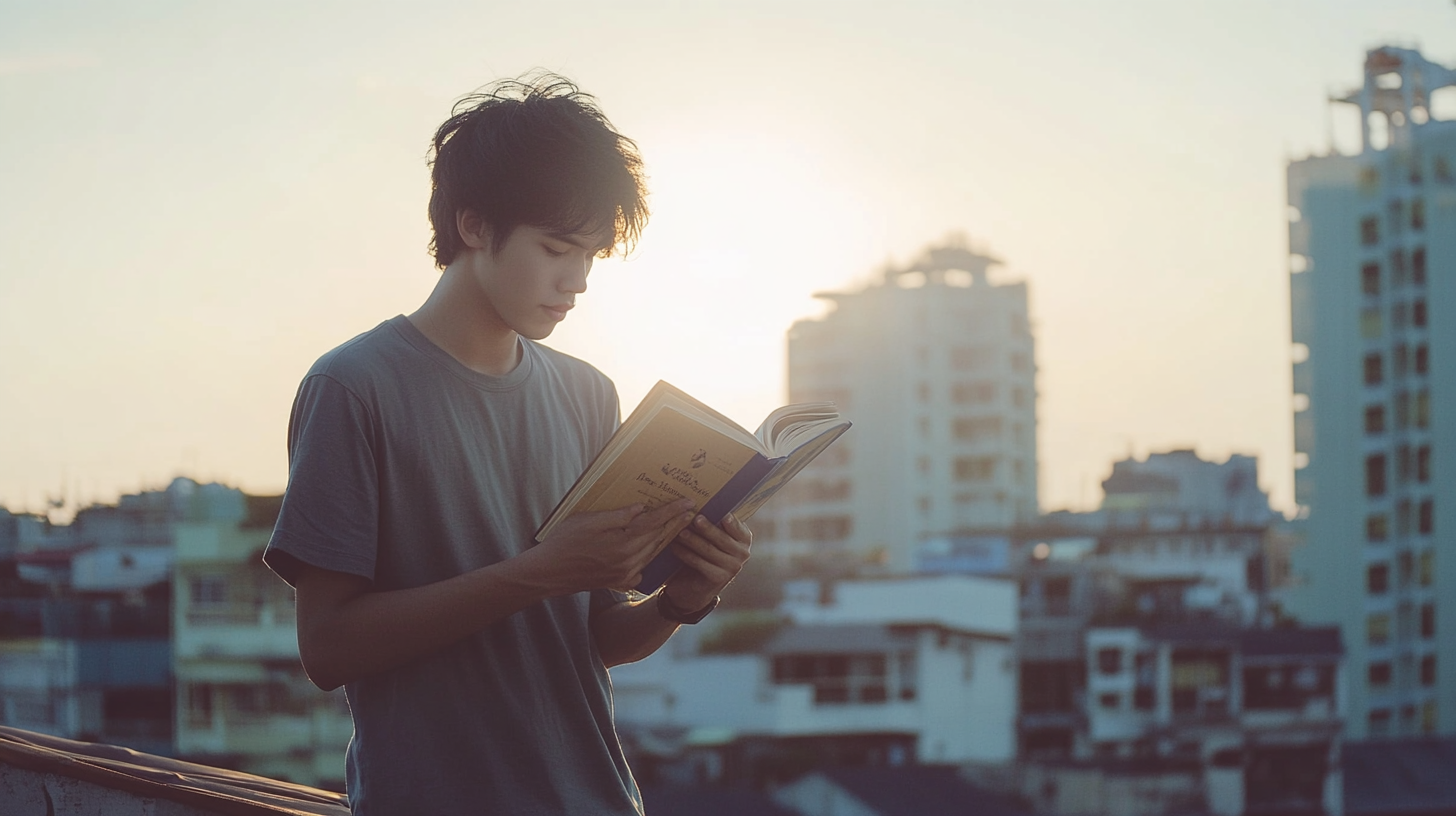 Young Asian Man Reading Book on Sunny Rooftop