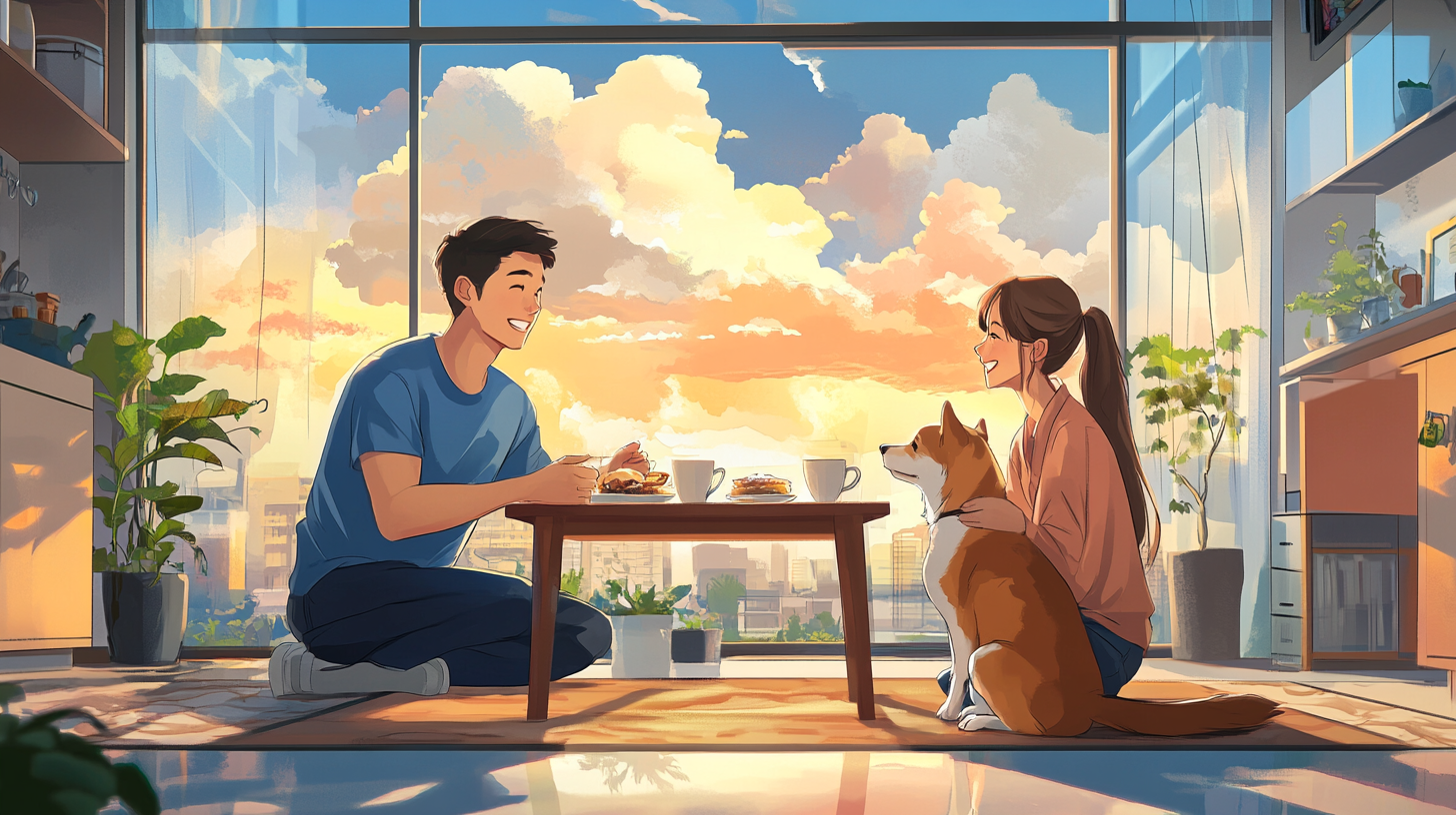 Young Asian couple having conversation over breakfast. Shiba inu.