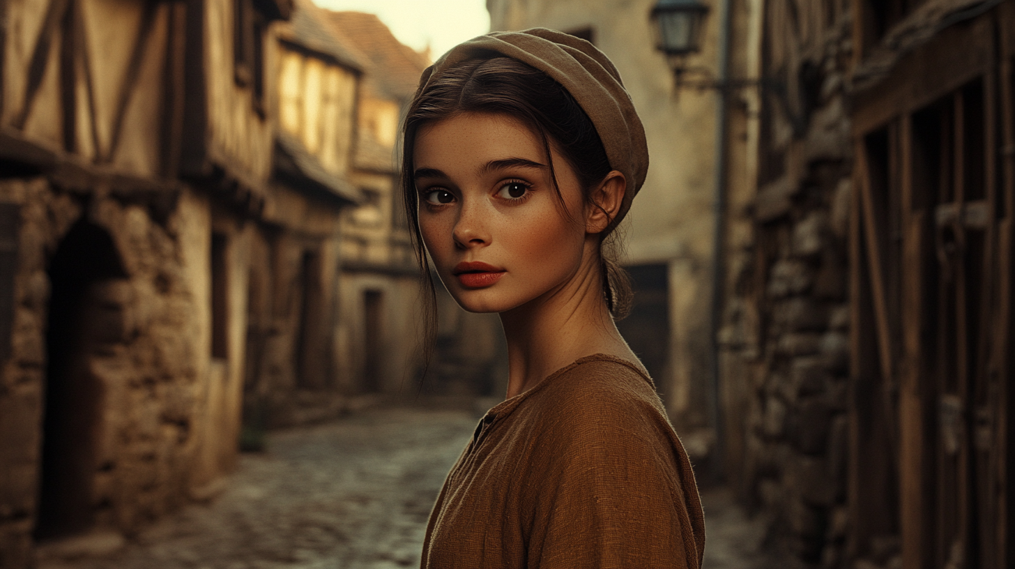 Young Audrey Hepburn lookalike in medieval Bree setting.