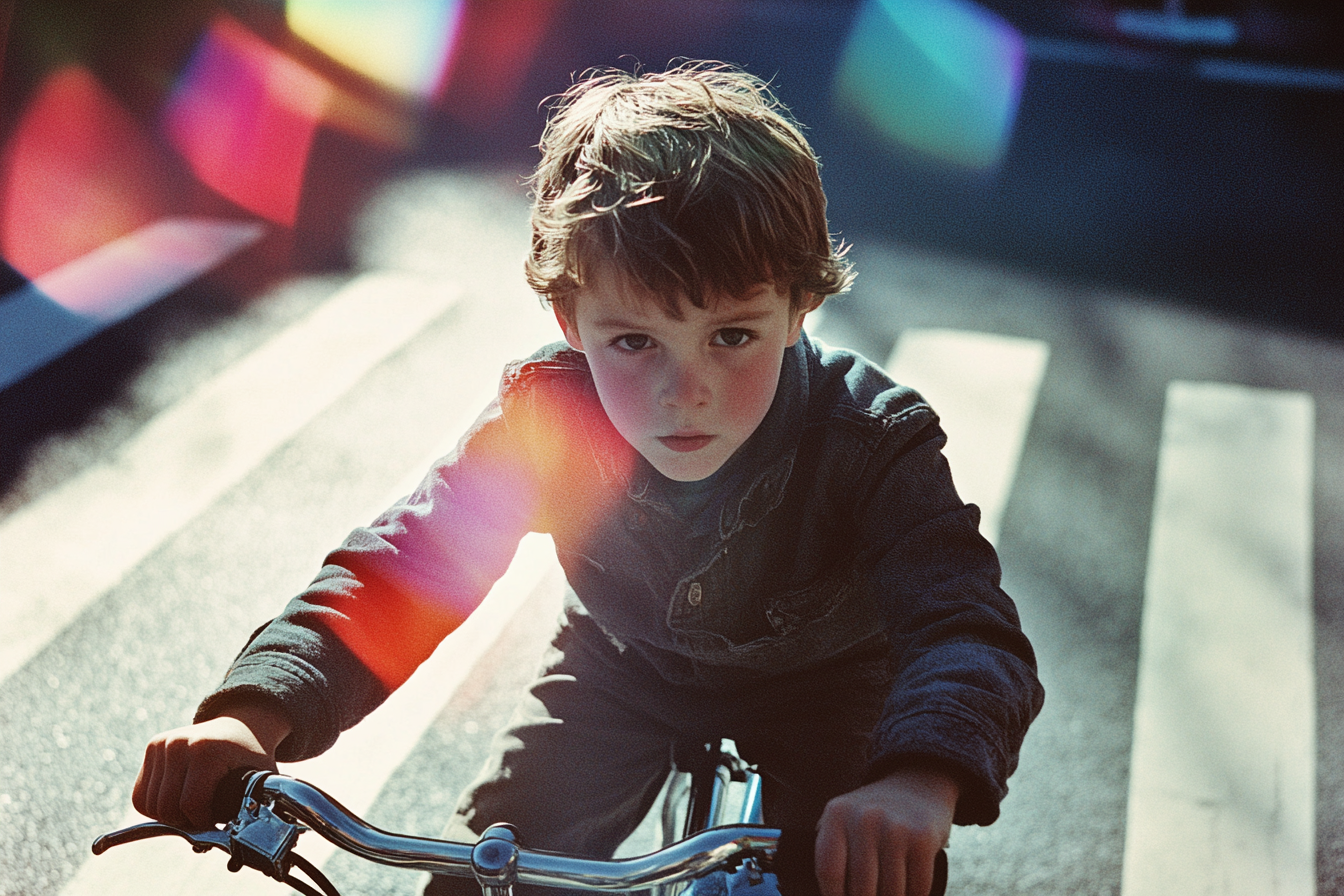 Young Boy Determinedly Biking Through Crossing