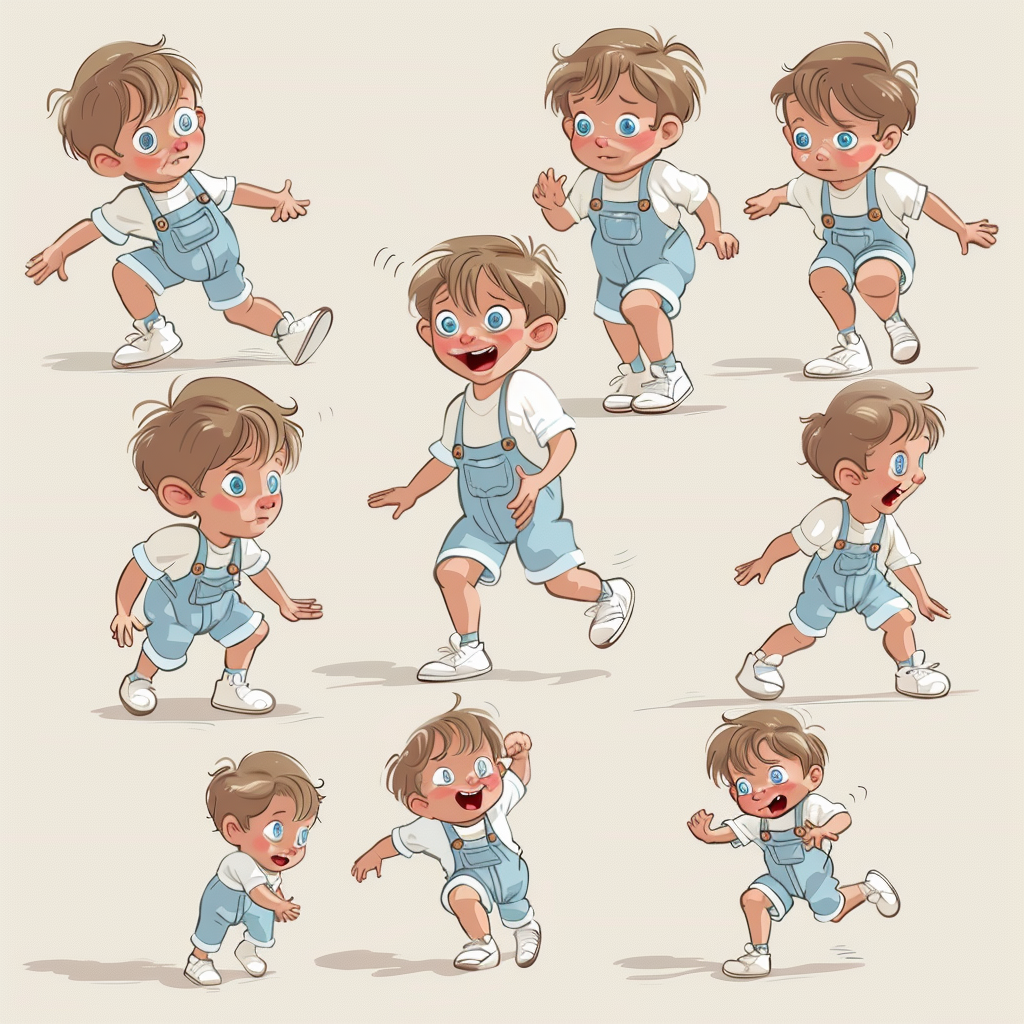 Young Boy in Overalls: Running, Smiling, Scared.