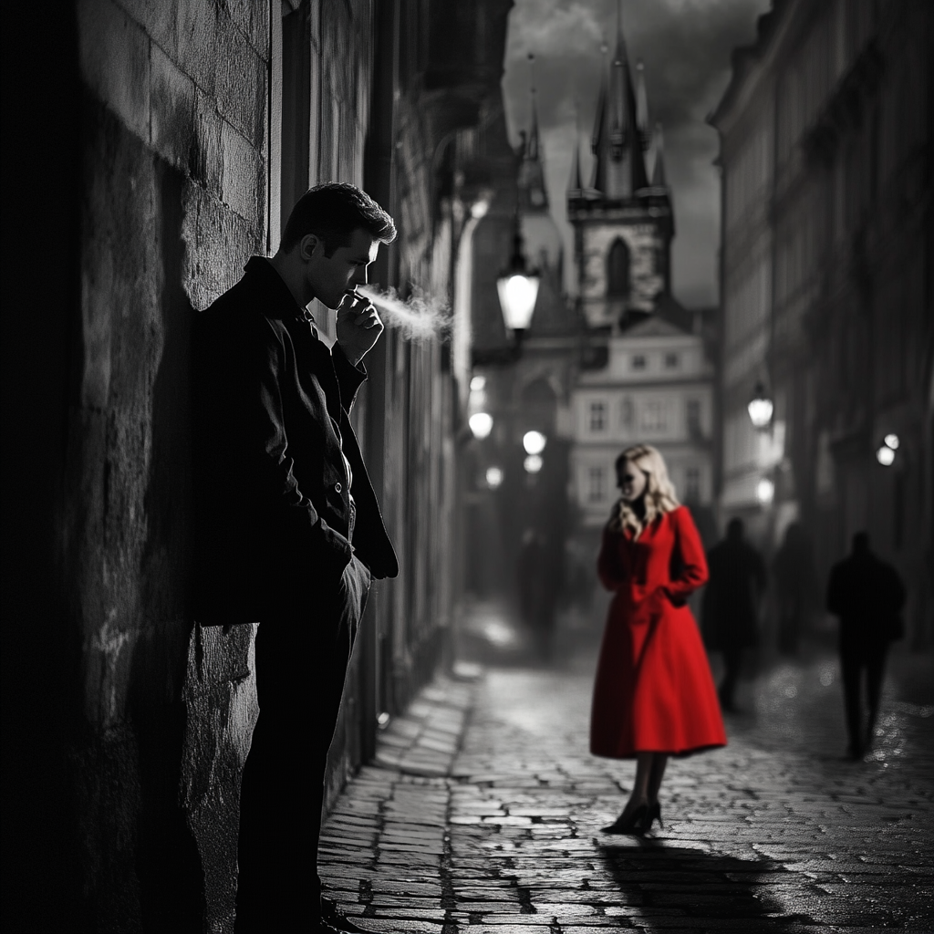 Young CIA agent spies on Prague street view.