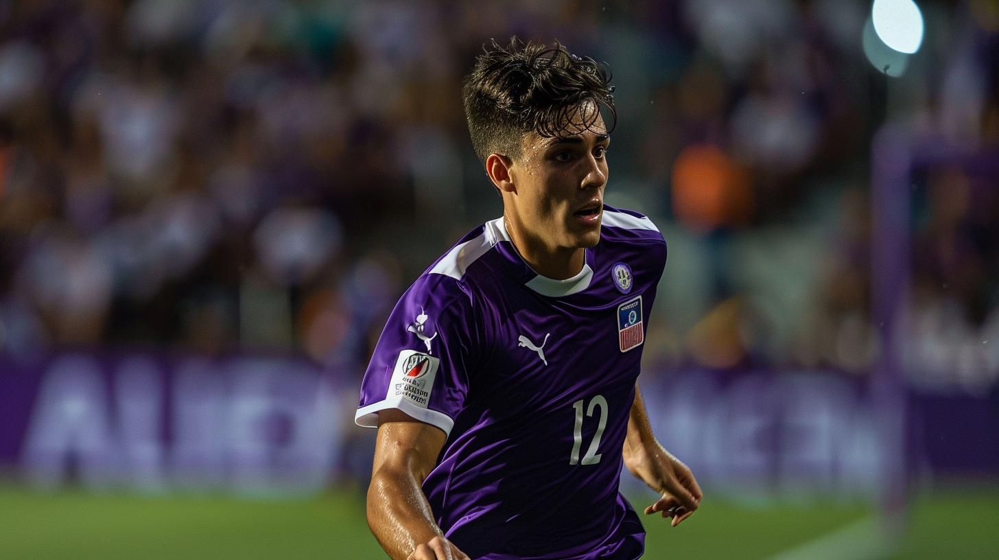 Young Canadian defender in Fiorentina jersey blocks opponent.