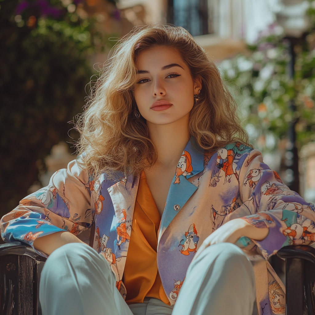 Young Caucasian woman in 90s Disney vintage dress.