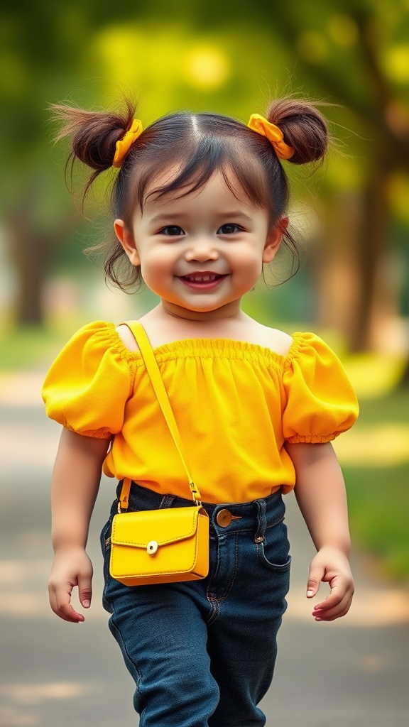 Young Child in Stylish Outfit Walking in Park.