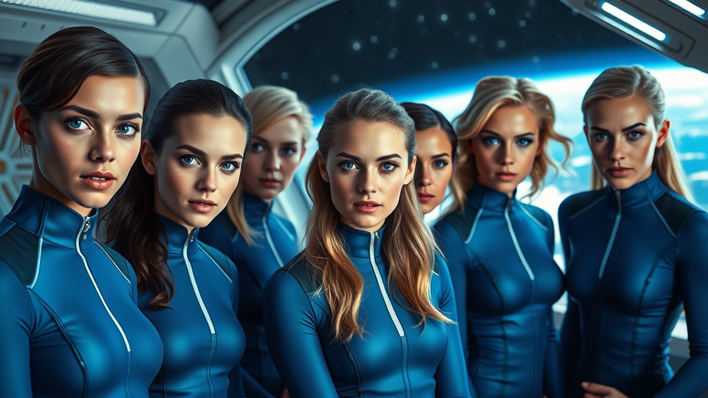 Young Crew in Blue Uniforms Orbiting Earth