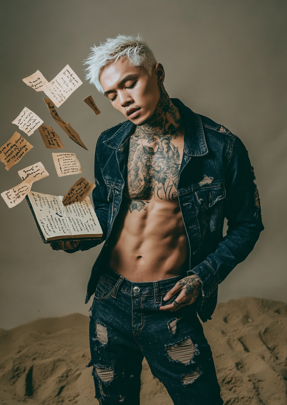 Young Filipino man with tattoos, notebook letters fall