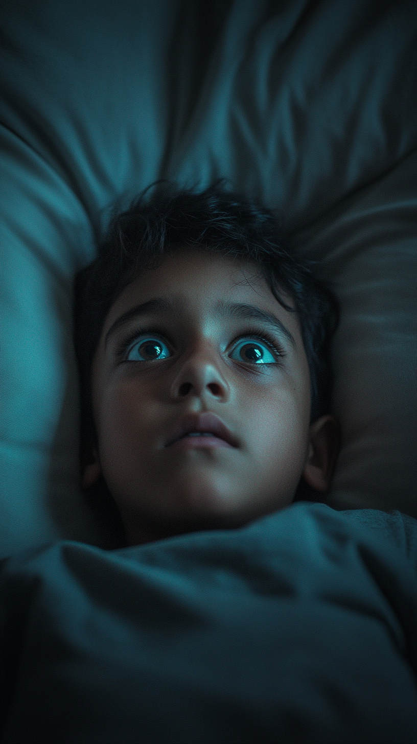 Young Hispanic kid staring wide-eyed in dark bedroom.