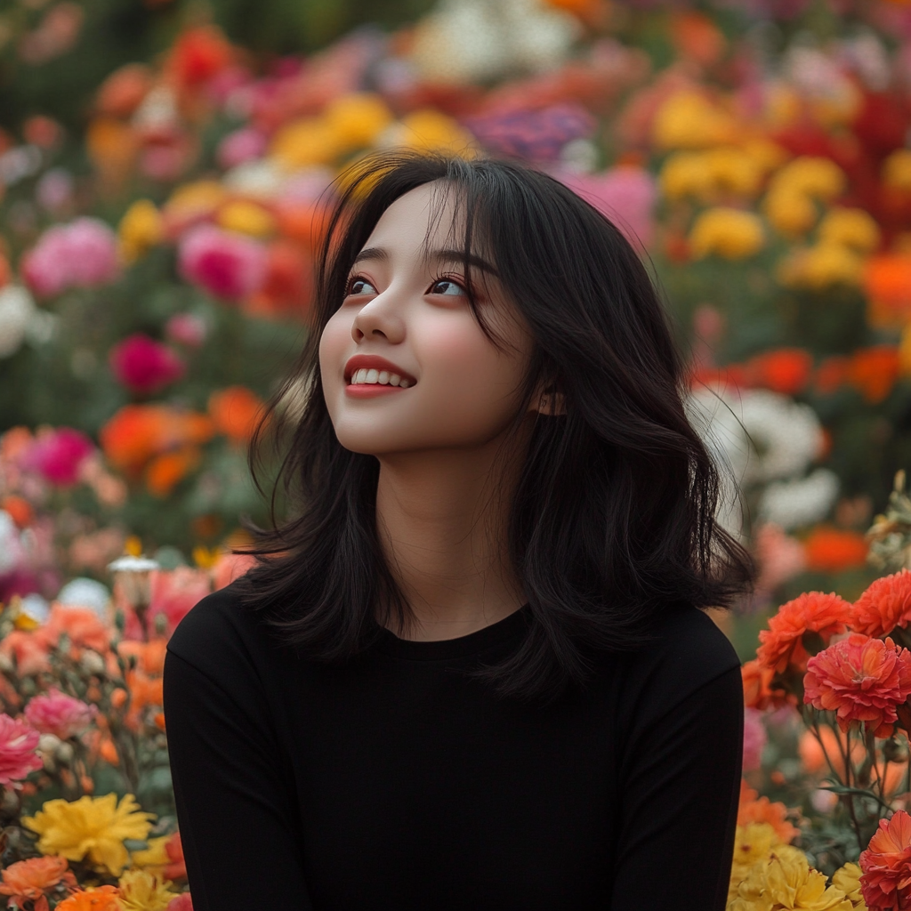 Young Indonesian Girl Smiling with Flowers Background