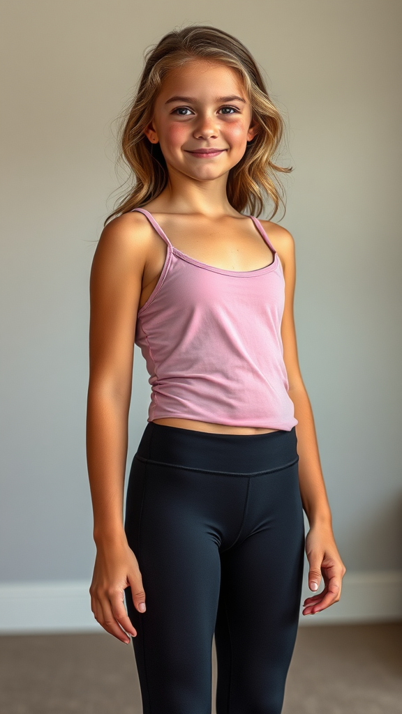 Young Irish girl in camisole and leggings.