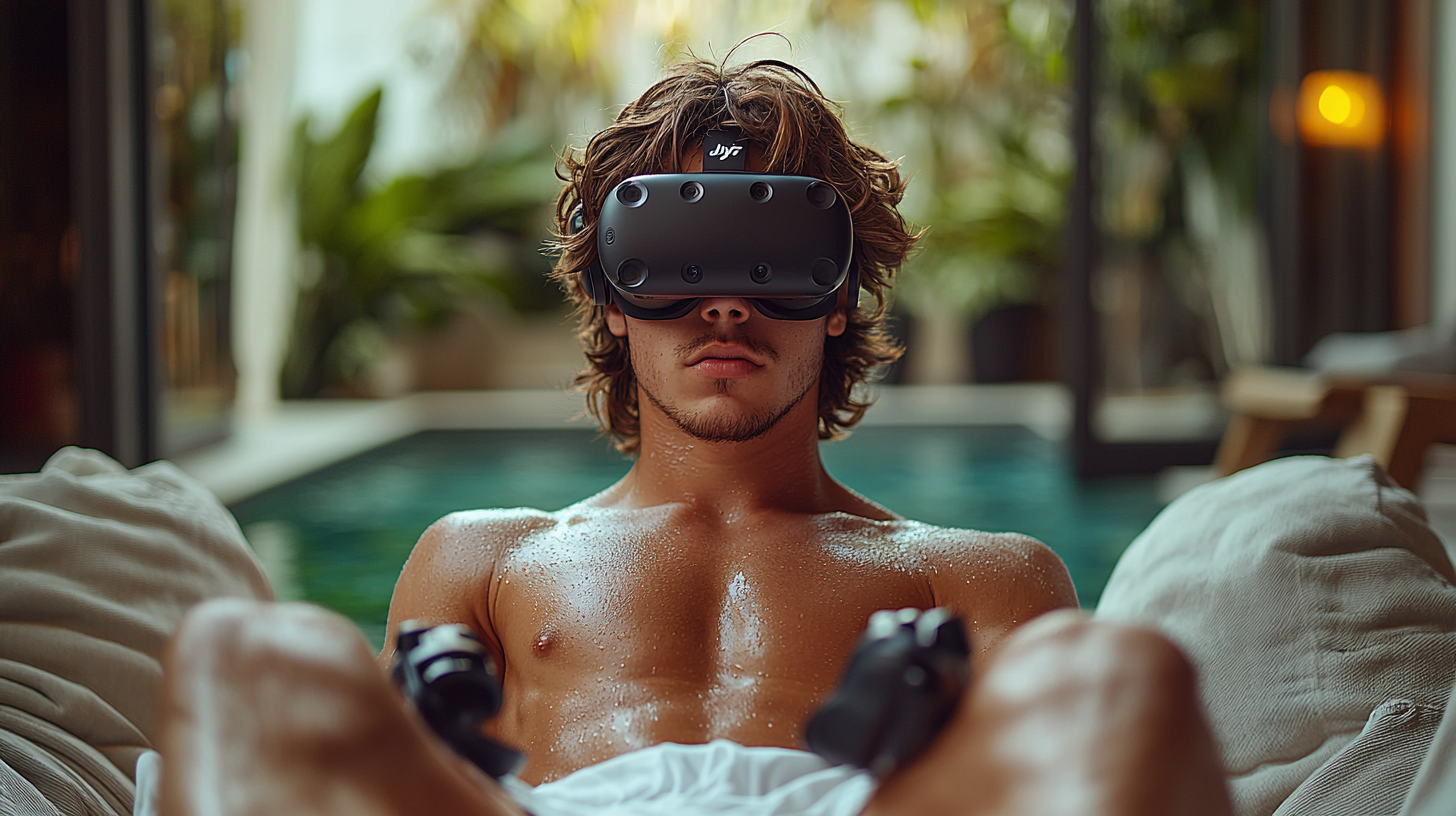 Young Italian man in DJI Goggles focuses on filming luxe Airbnb, surrounded by greenery and modern decor.