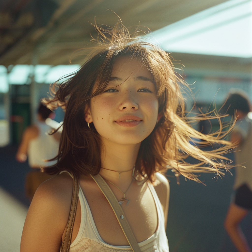 Young Japanese Woman Smiling at Racetrack Entrance