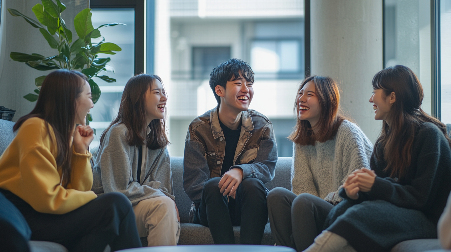 Young Japanese group chatting joyfully on stylish sofa.