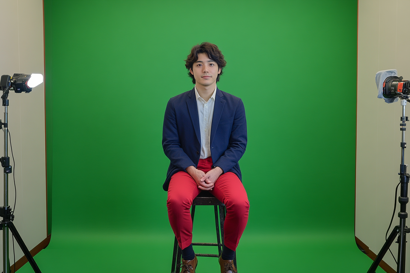 Young Japanese man in navy blazer sitting on stool.