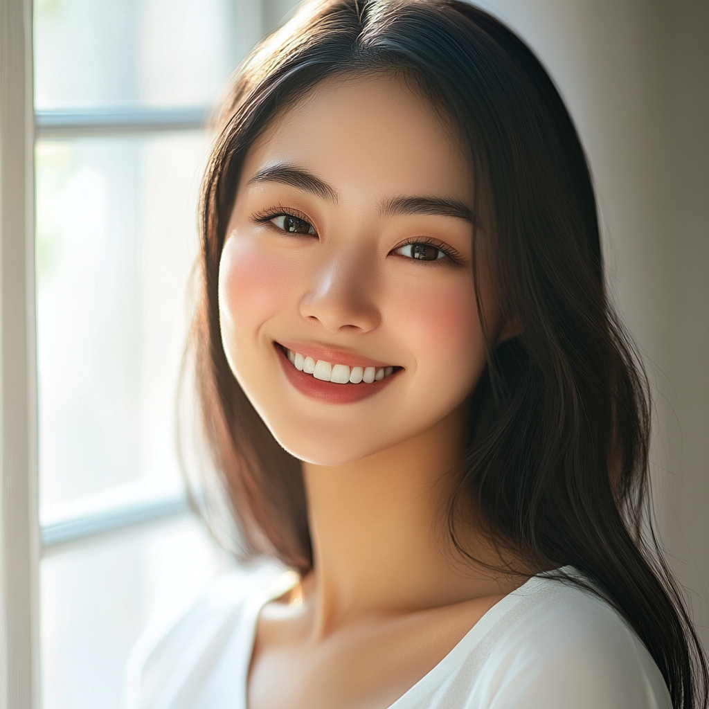 Young Japanese woman in bright room with natural smile.