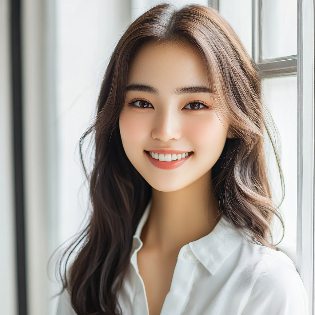 Young Japanese woman in bright room with smile.