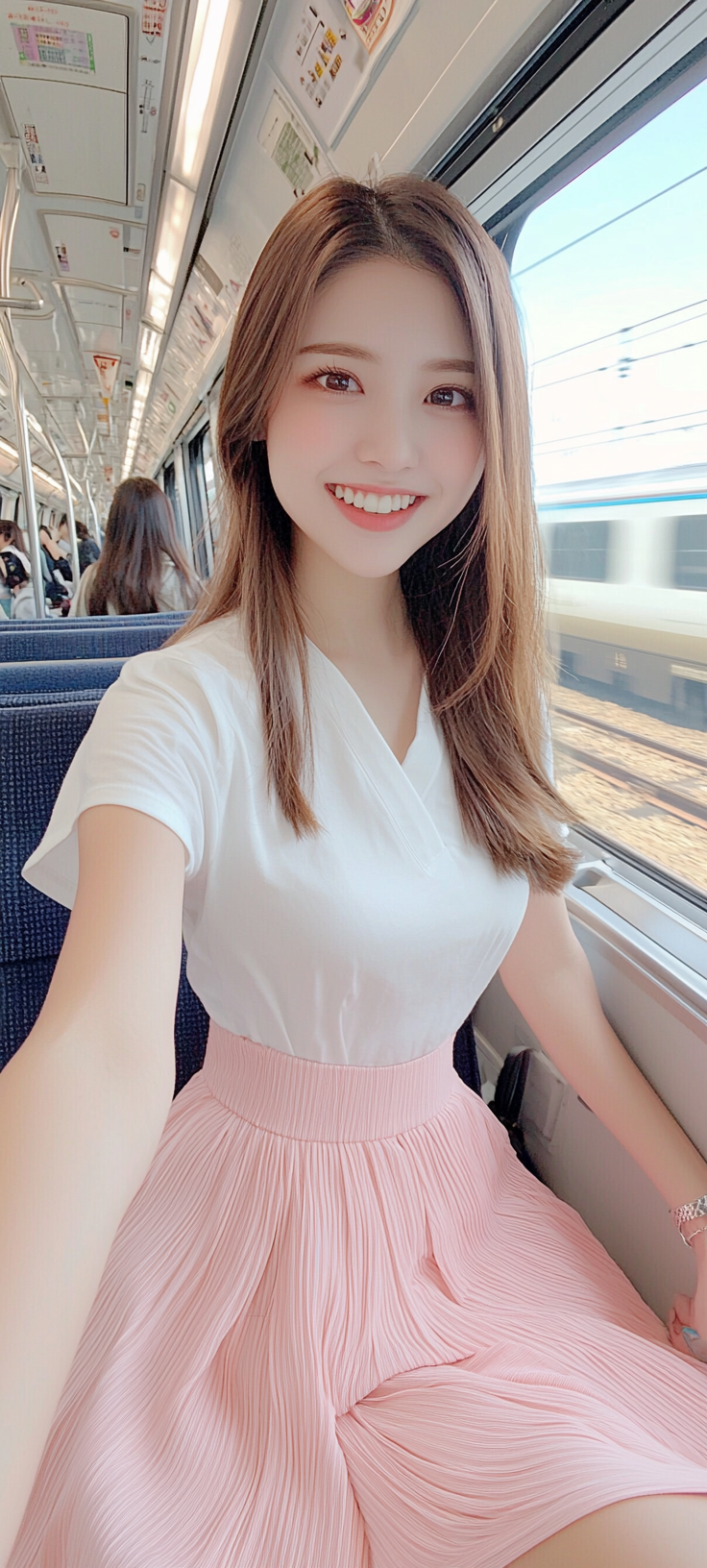 Young Japanese woman in stylish outfit taking selfie.