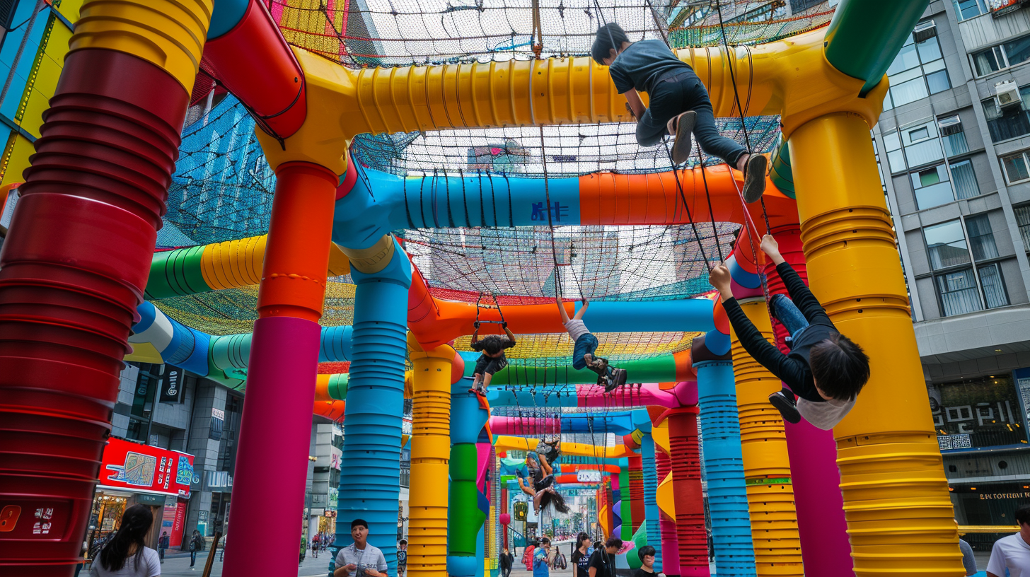 Young Korean adults play on colorful jungle gym