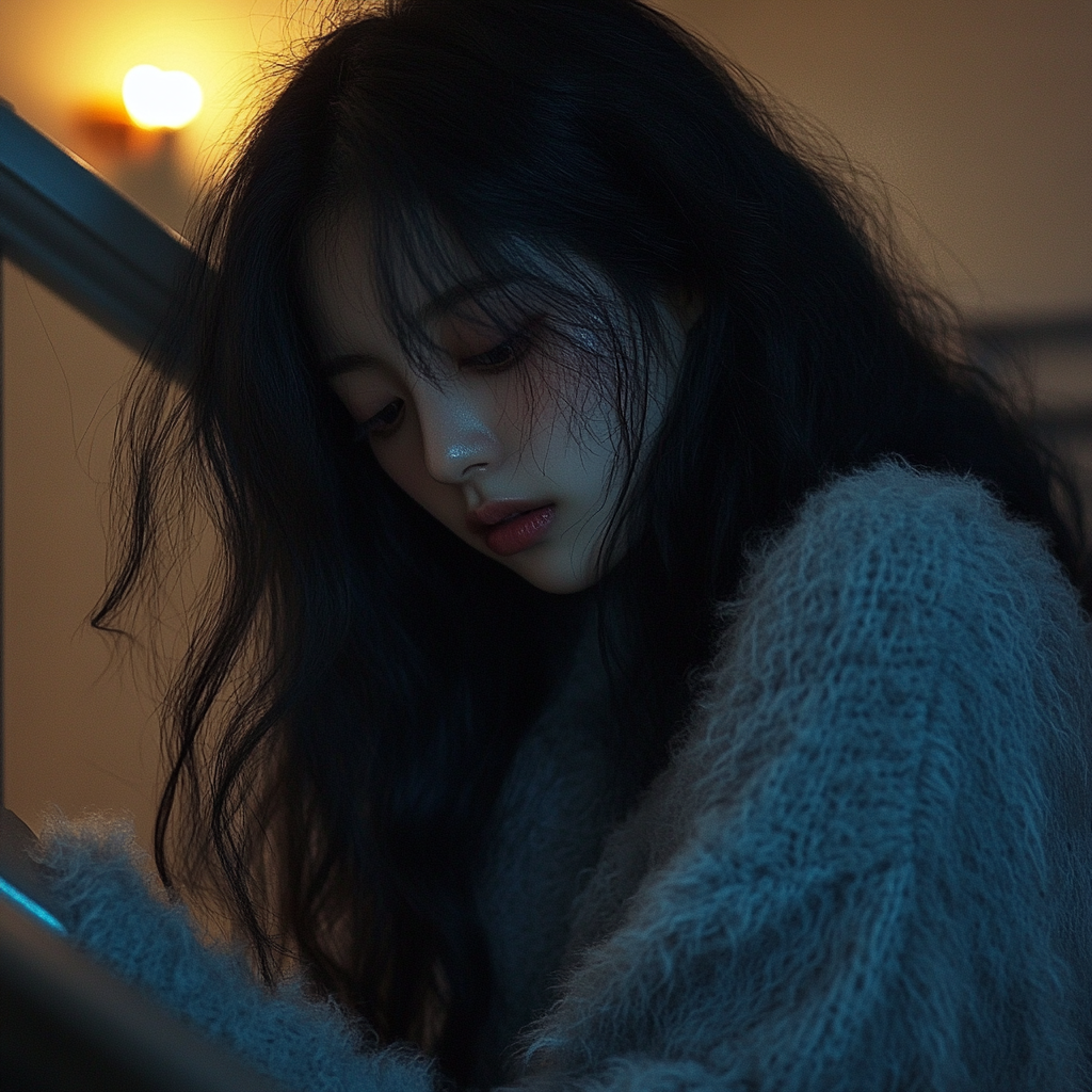 Young Korean girl in gray sweater climbing stairs indoors.