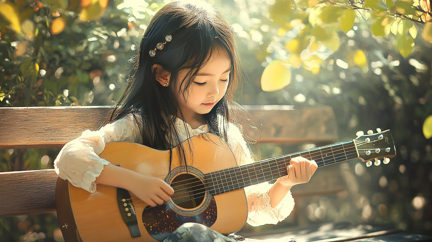 Young Korean girl playing guitar in peaceful park.