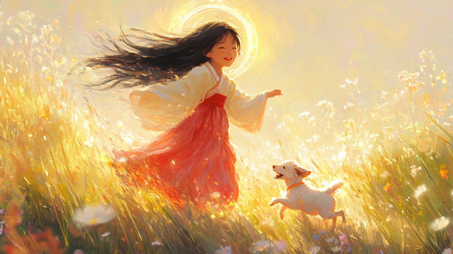 Young Korean girl with dog in serene field.