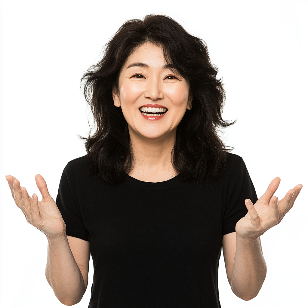 Young Korean woman in 50s, confident with white teeth.