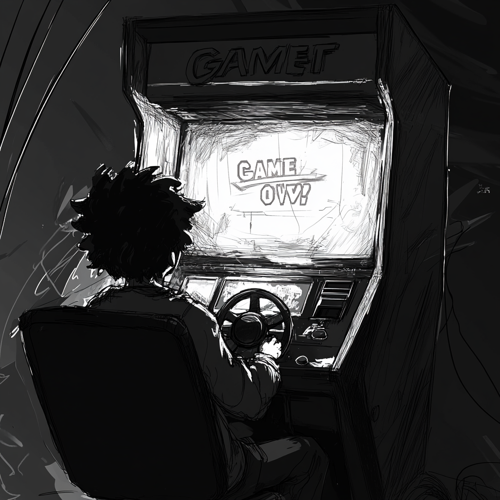 Young Man Playing Racing Game at Arcade