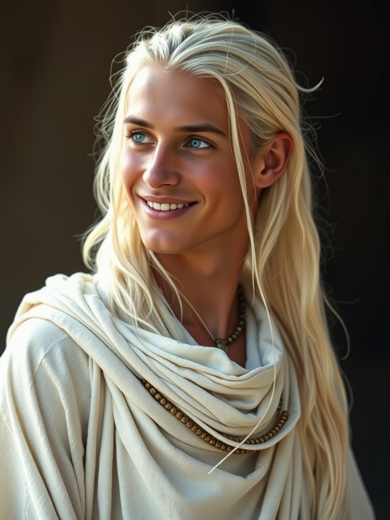 Young Man with Long Blonde Hair in White Tunic