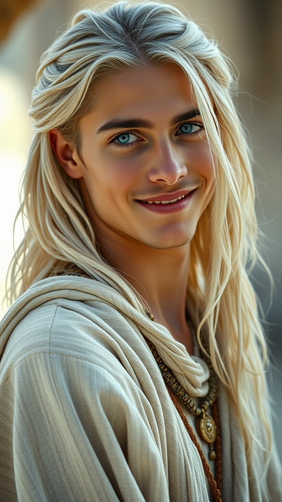 Young Man with Platinum Hair in Ethereal Whites