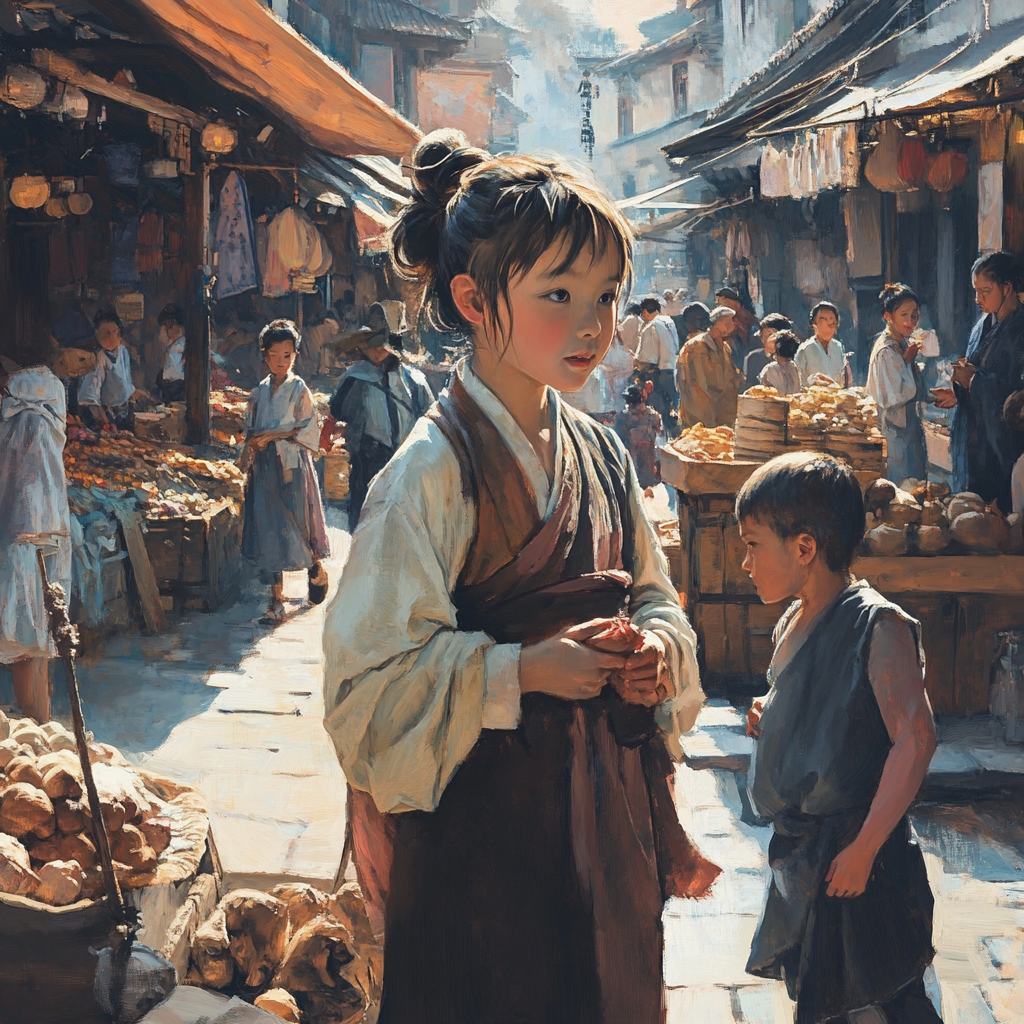 Young Mencius in marketplace, mimicking vendors with children, sunlight.