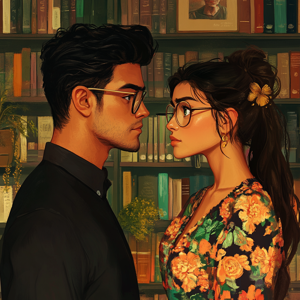 Young Mexican woman in library looks at stylish man.