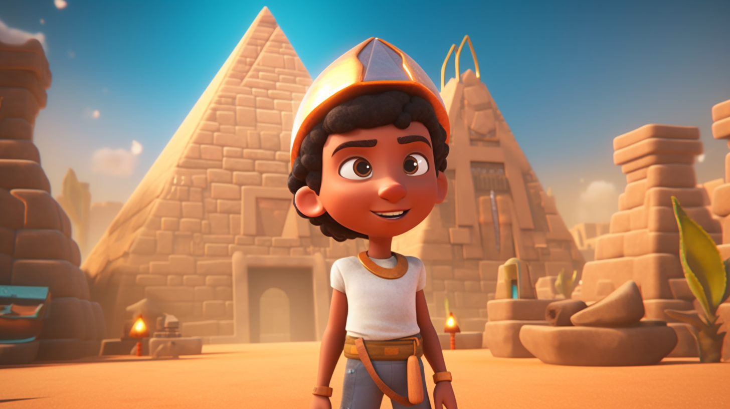 Young Pharaoh Khufu oversees pyramid construction.