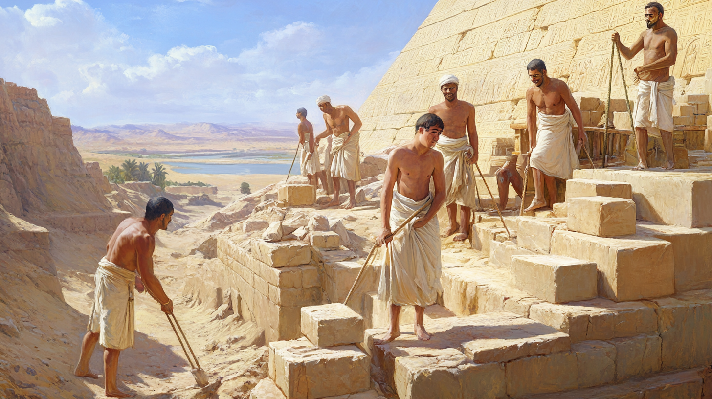 Young Pharaoh Kufu helps build pyramid of Egypt.